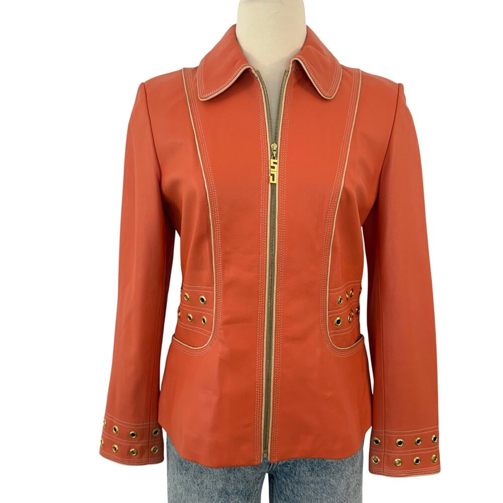 St. John Lamb Leather Jacket Full Zip Peachy Orange with Grommets Size Small